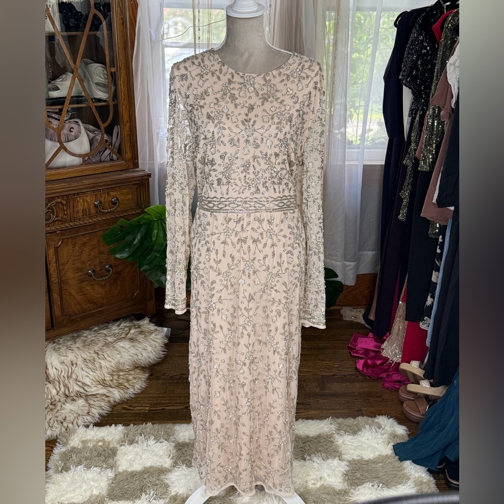 Mac Duggal Beige Beaded Tea Length Dress w/ Sheer Sleeves